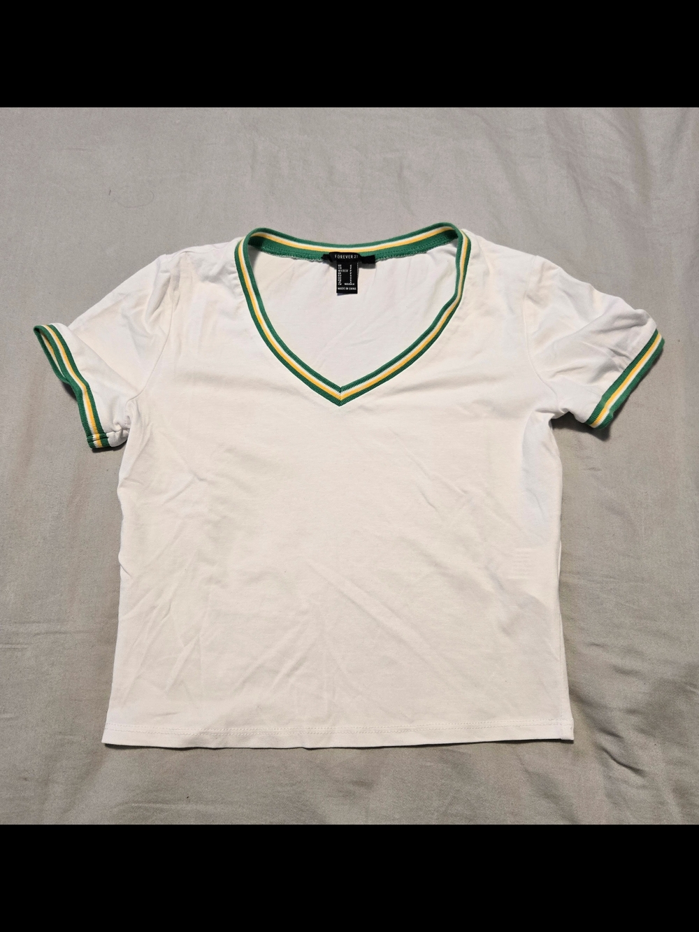 Forever 21 White V-Neck Short Sleeve Top with Green Yellow Trim